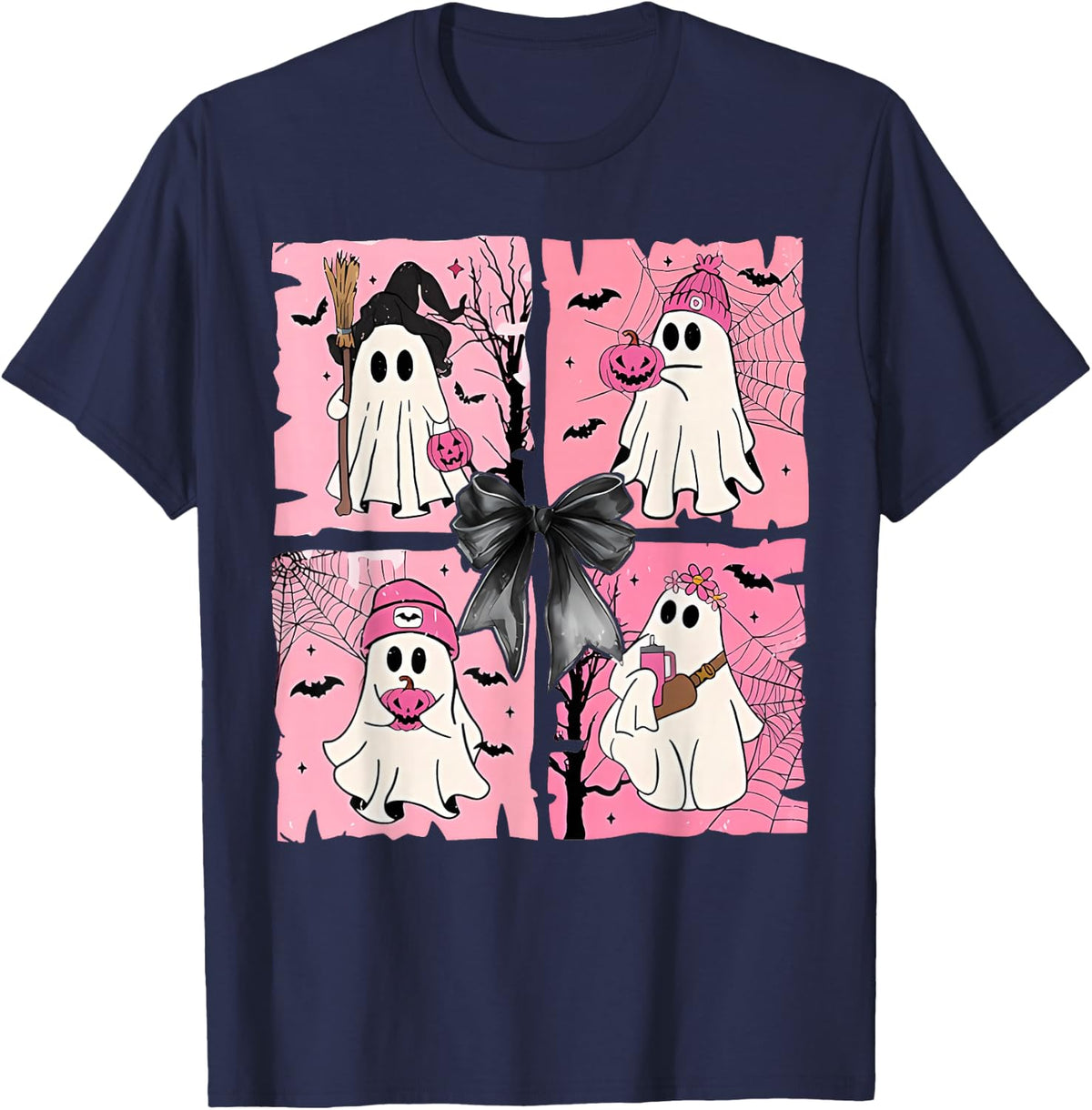 Cute Ghost Halloween Pink Spooky Squad for Everyone T-Shirt - Navy Blue