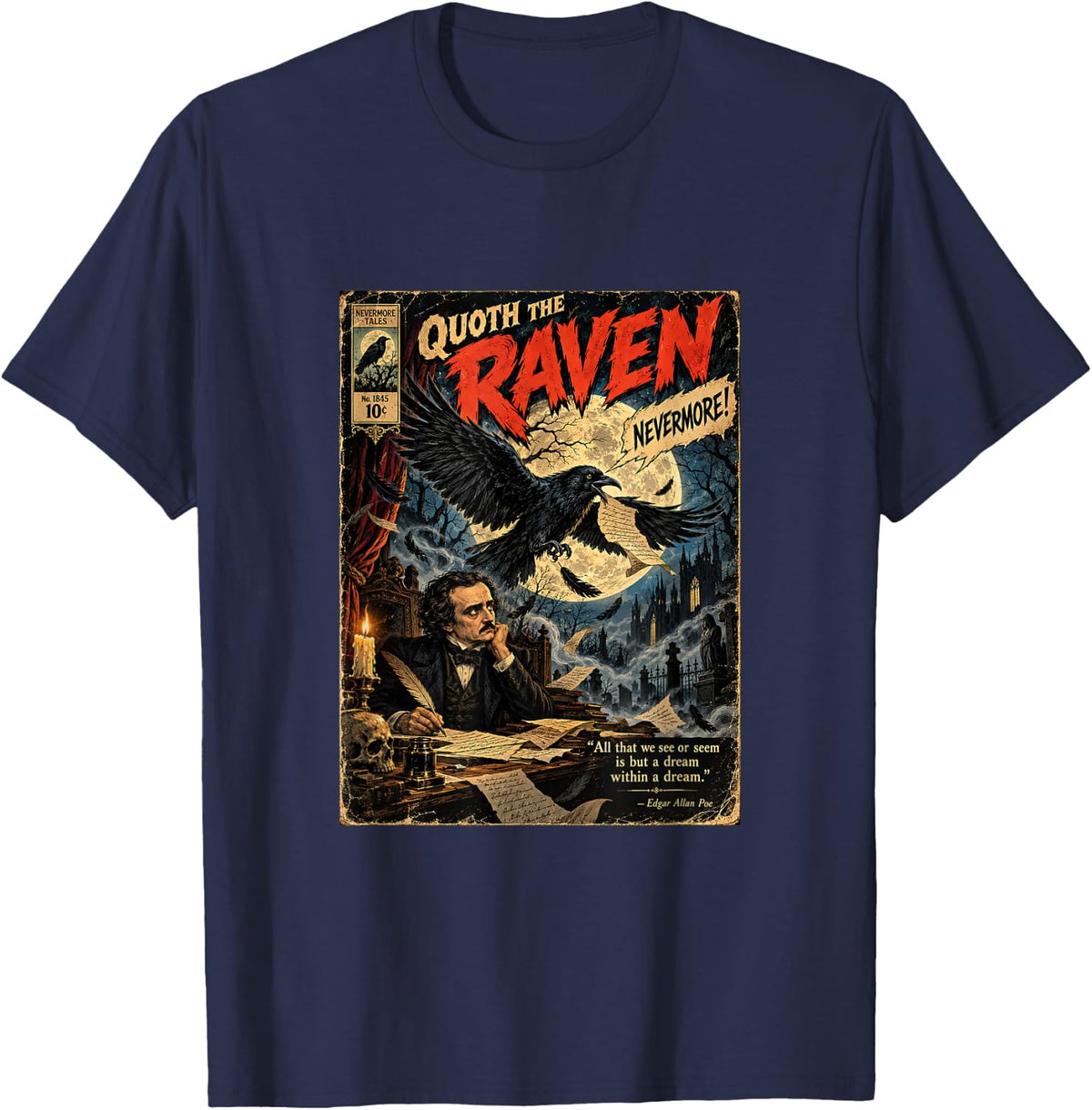 Gothic Raven Classic Poetry Dark Literature Graphic T-Shirt - Navy Blue