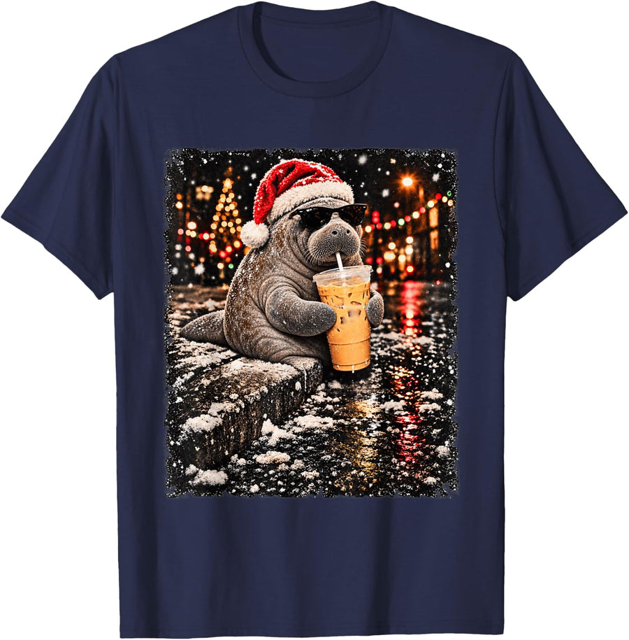 Funny Manatee Drinking Iced Coffee Christmas Animal Meme T-Shirt - Navy Blue