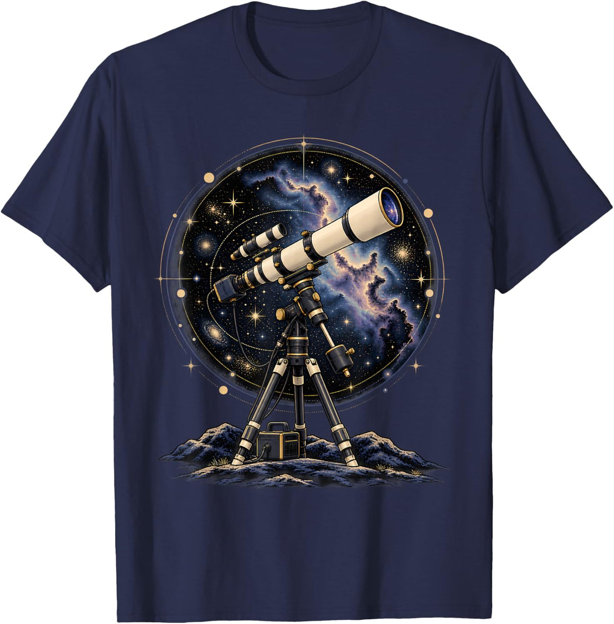 Telescope Galaxy Nebula Circle Astronomy Space Art T-Shirt - Navy Blue