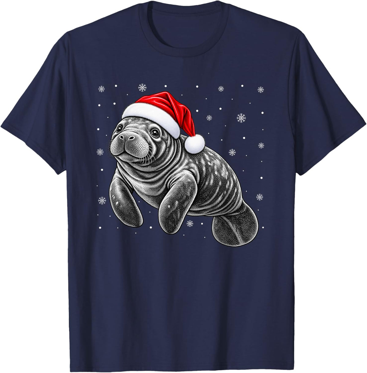 Manatee Christmas Santa Hat Snowflakes Holiday Animal T-Shirt - Navy Blue