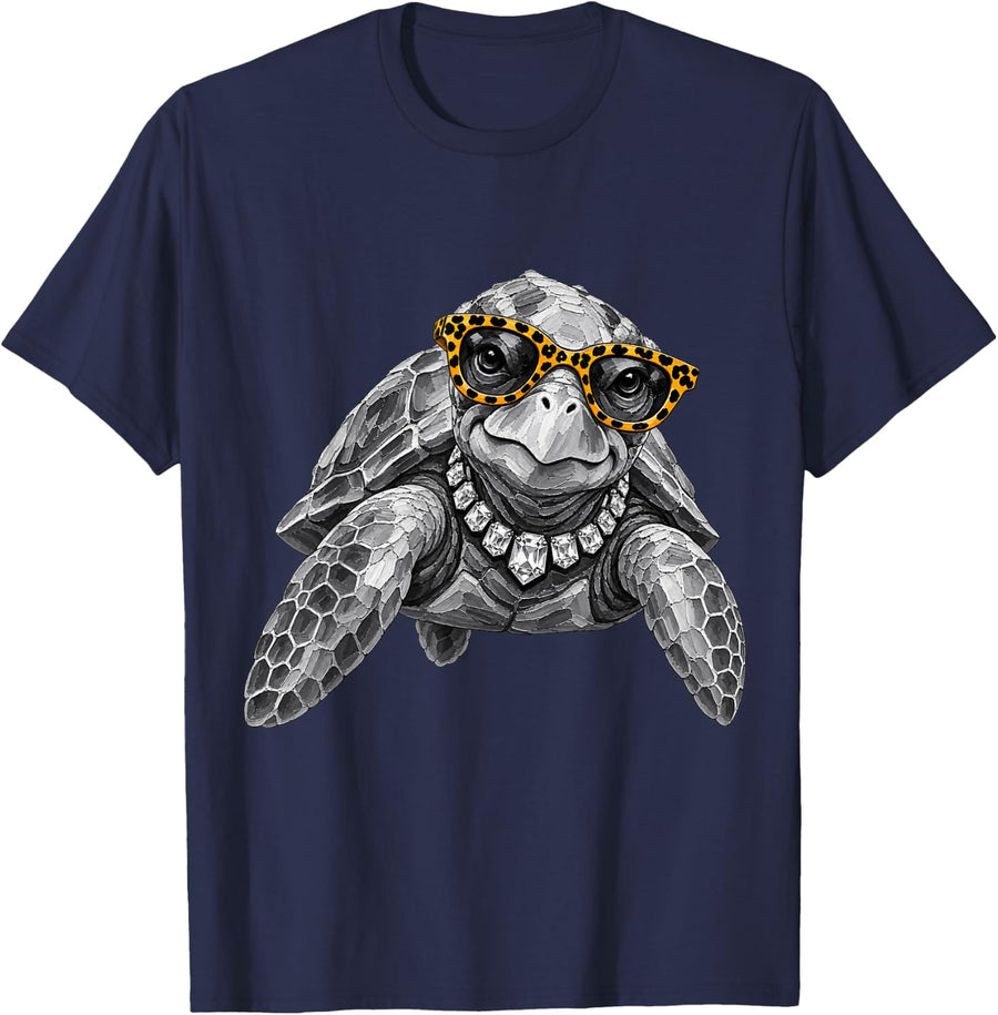 Funny Glamorous Turtle Sunglasses Jewelry Cute Animal Lover T-Shirt - Navy Blue