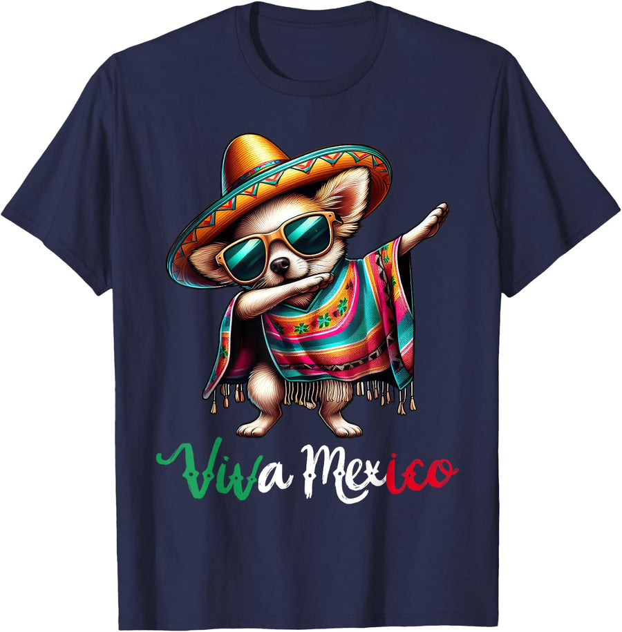 Viva Mexico Dabbing Chihuahua Sombrero Mexican Party T-Shirt - Navy Blue