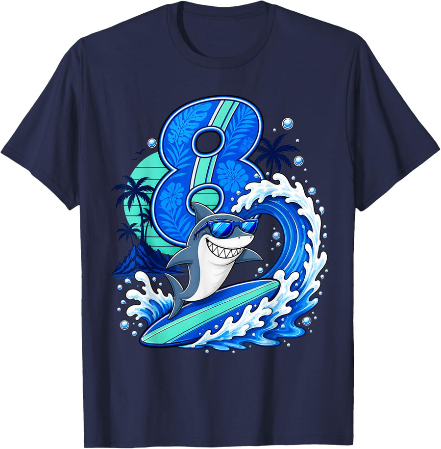 8th Birthday Boys Shark Ocean Sunglasses Kids 8 Years Old T-Shirt - Navy Blue