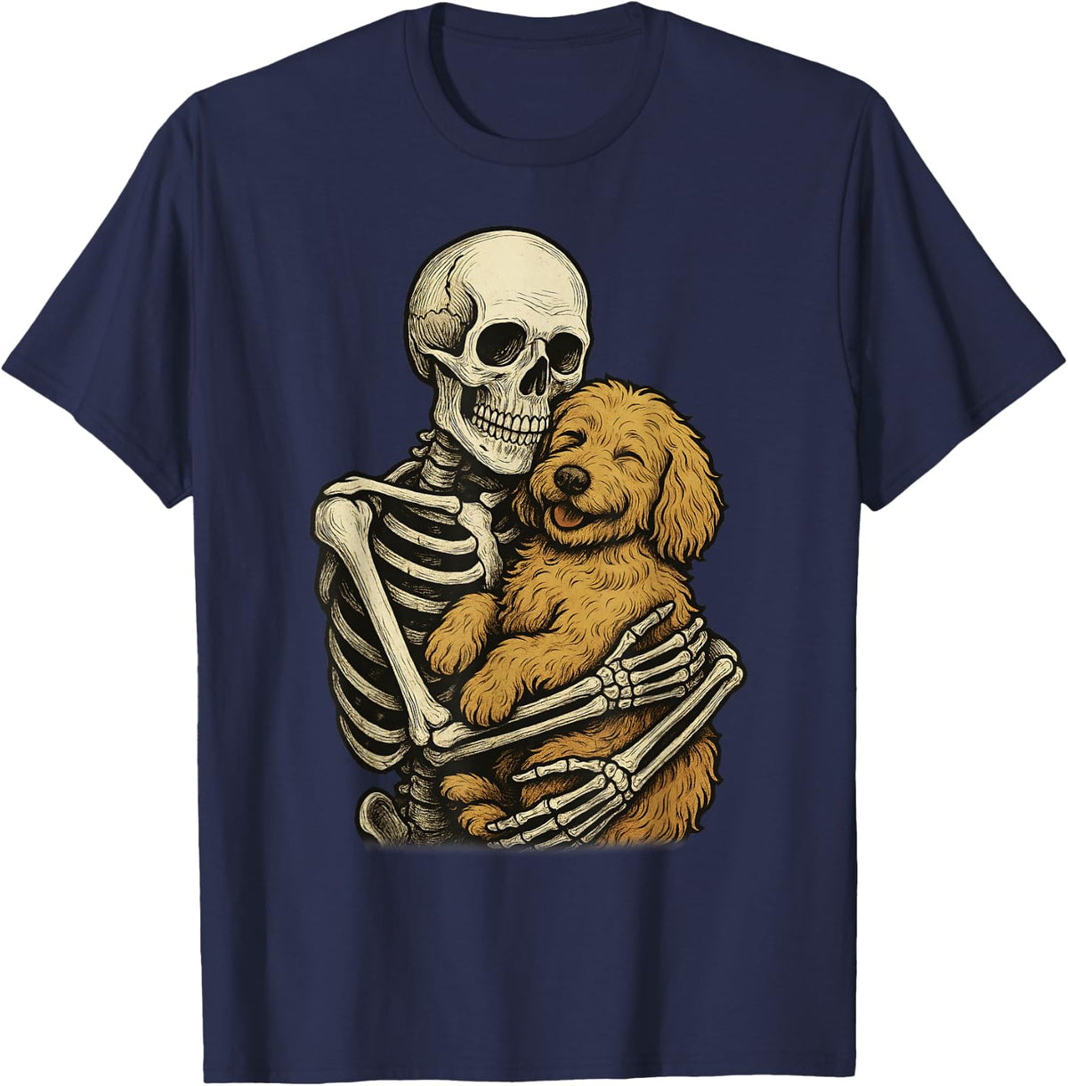 Skeleton Hugging Dog Goldendoodle Funny Halloween T-Shirt - Navy Blue