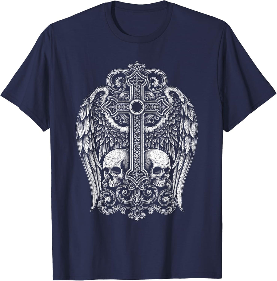 Cross Skull Gothic Grunge Y2K Alt Wings Men Women T-Shirt - Navy Blue