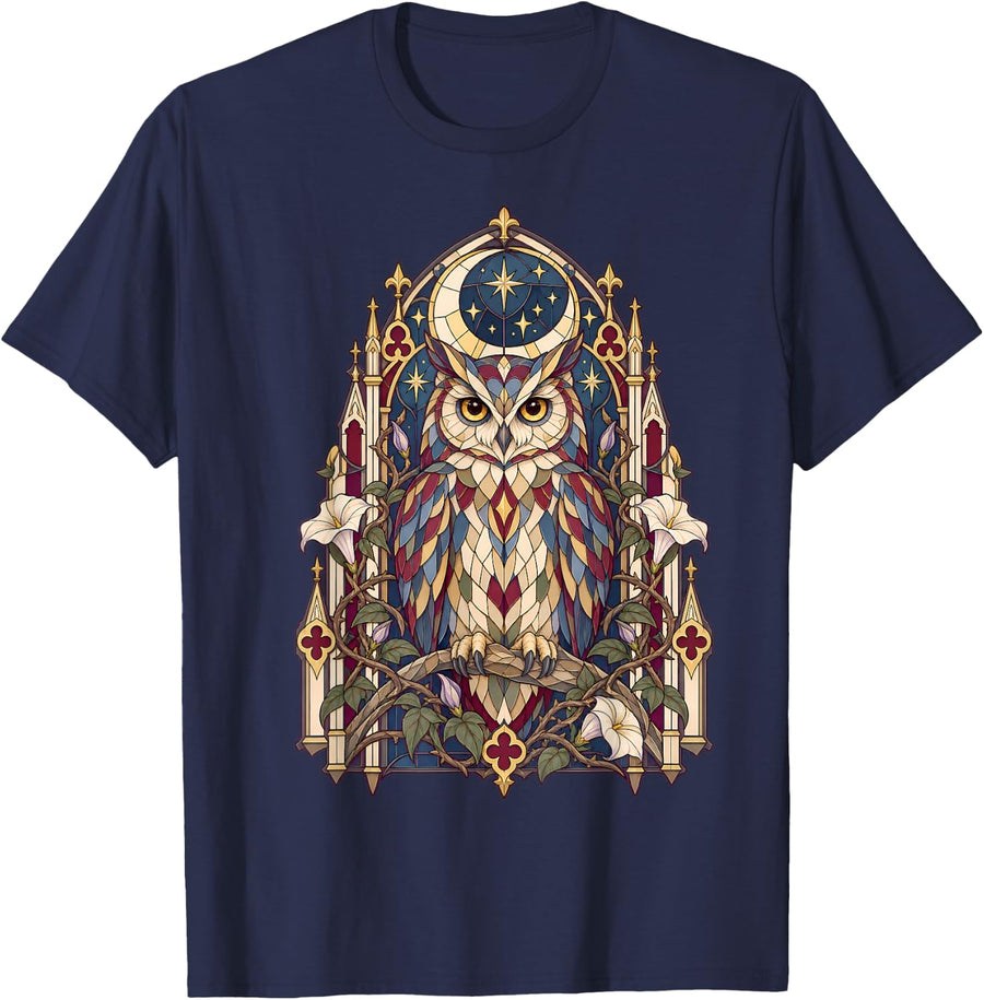 Owl Crescent Moon Gothic Stained Glass Celestial Art T-Shirt - Navy Blue