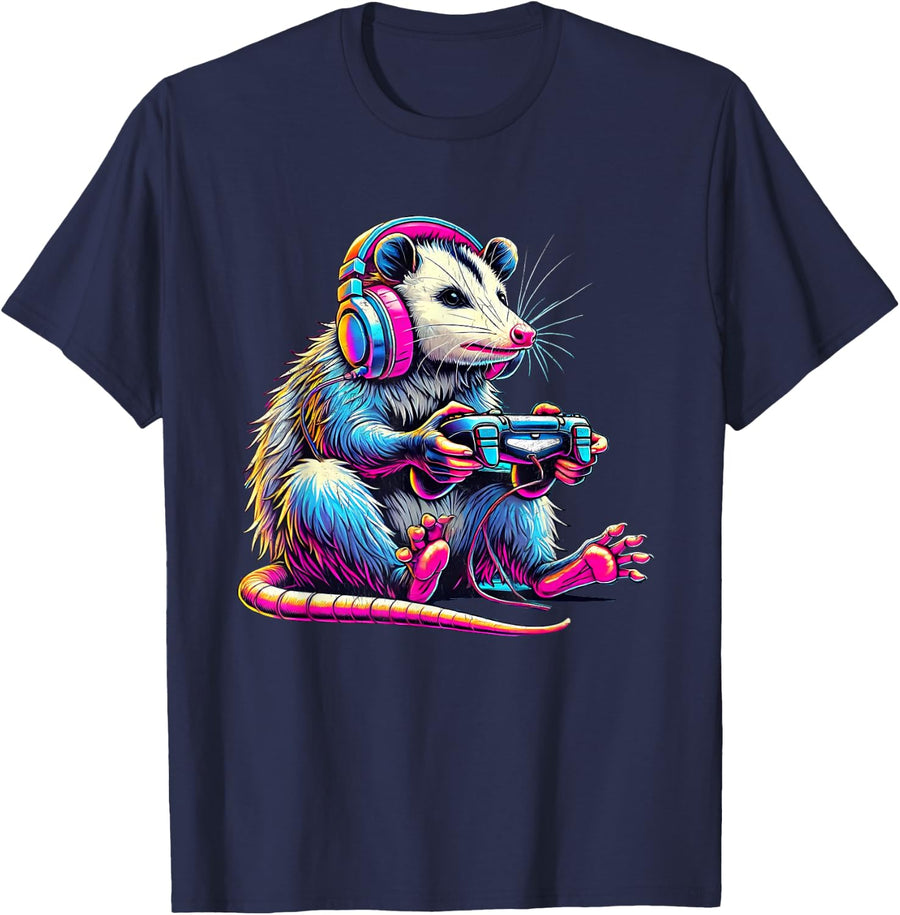 Funny Retro Opossum Gaming T-Shirt - Unisex-Adults/Kids - Black - Small - Short Sleeve - T-Shirt - Retro Gaming - Opossum