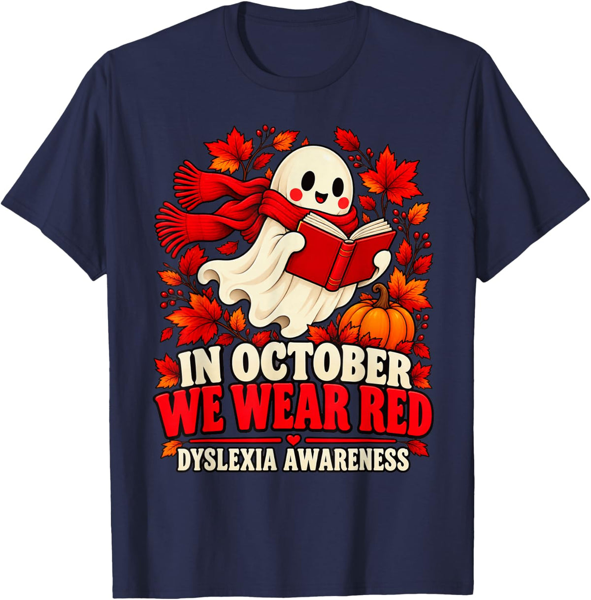 Funny Halloween Bookworm Ghost Red October Dyslexia Support T-Shirt - Navy Blue