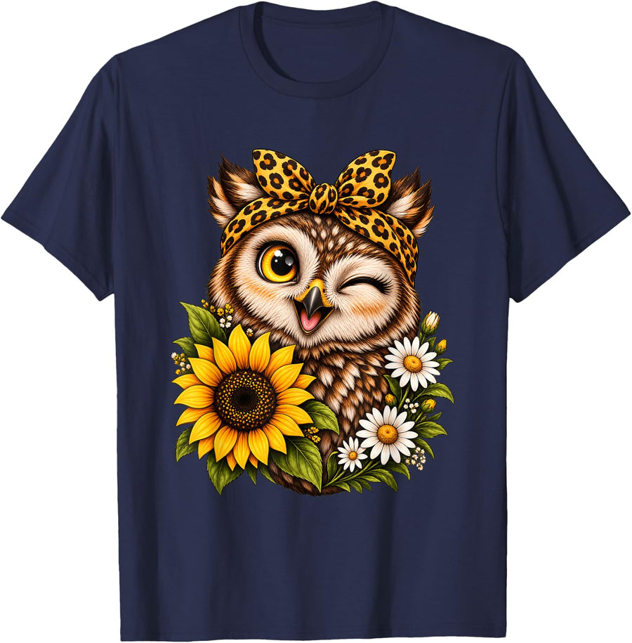 Owl Lover Sunflower Cottagecore Woodland Bird T-Shirt - Navy Blue