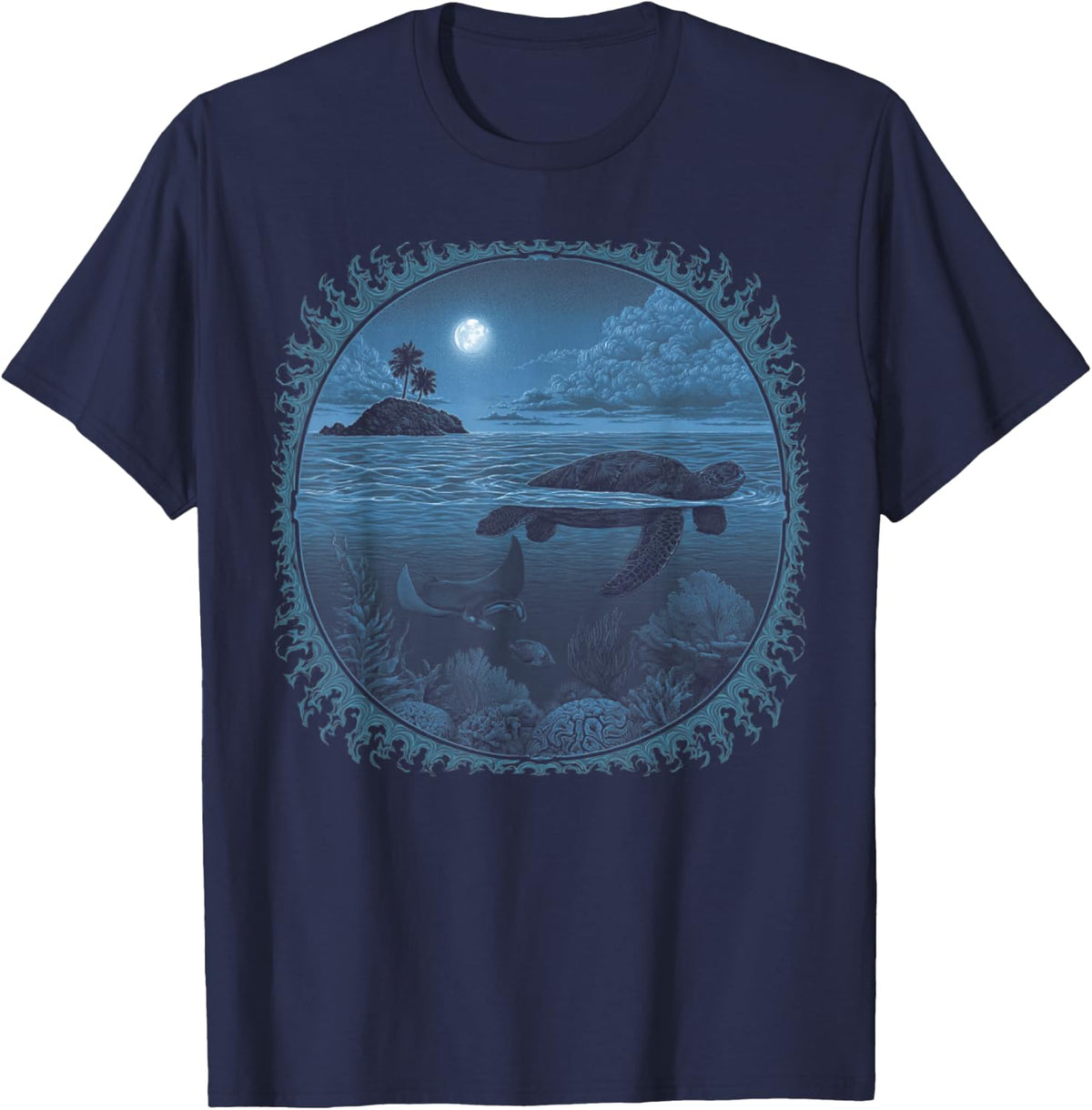 Moonlight Sea Turtle Ocean Marine Life Hawaiian Tropical T-Shirt - Navy Blue