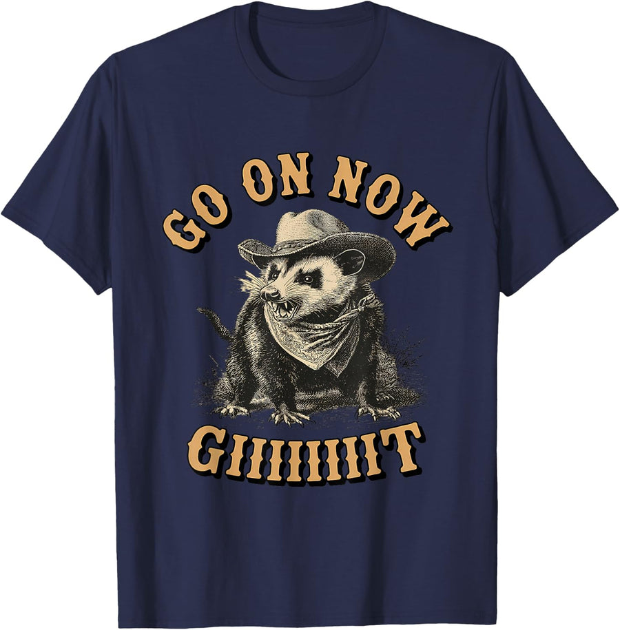 Western Country Vintage Cowboy Opossum Go On Now Git T-Shirt - Navy Blue