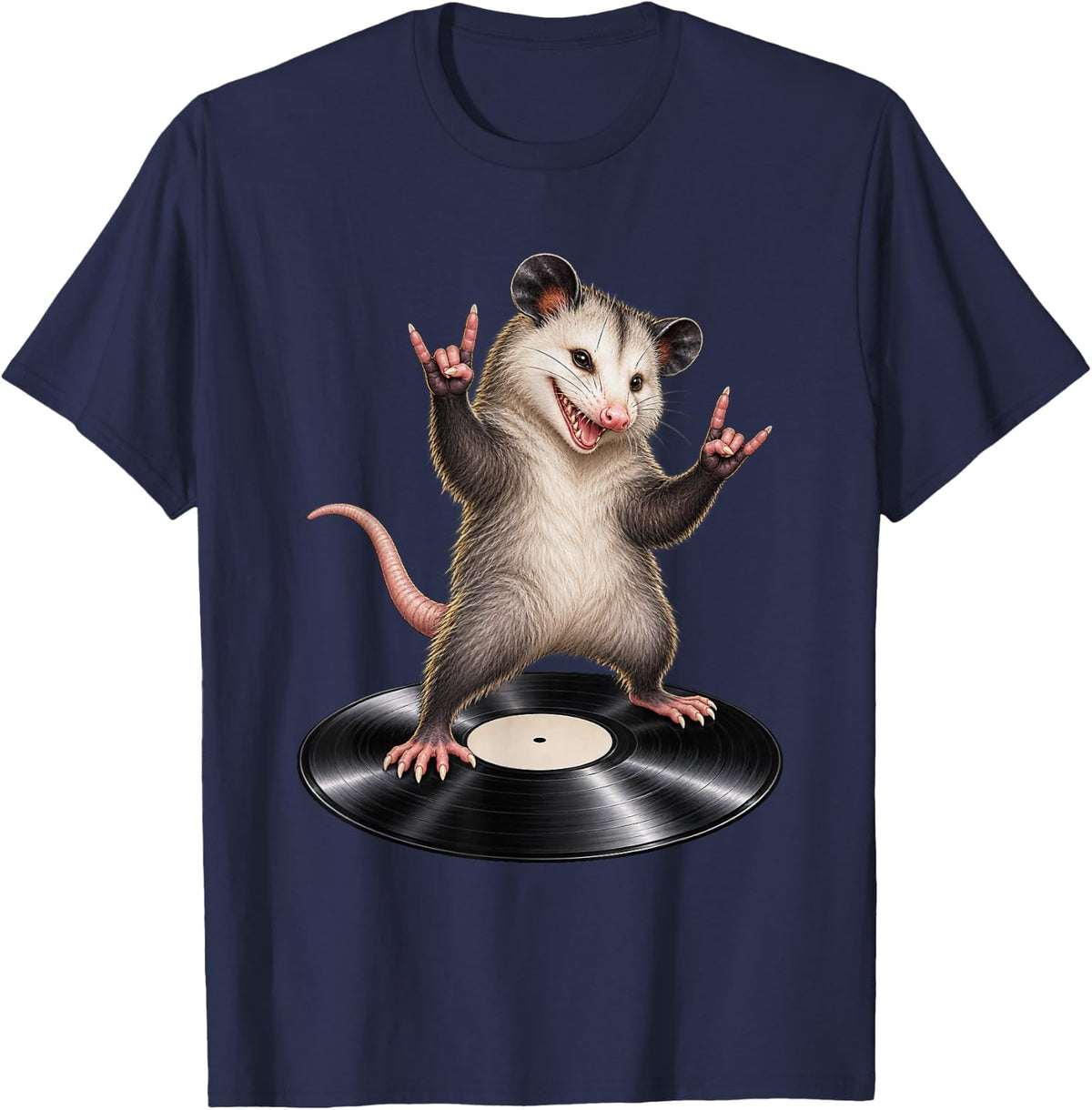 Opossum Rock Hand Vinyl Record Punk Funny Animal T-Shirt - Navy Blue