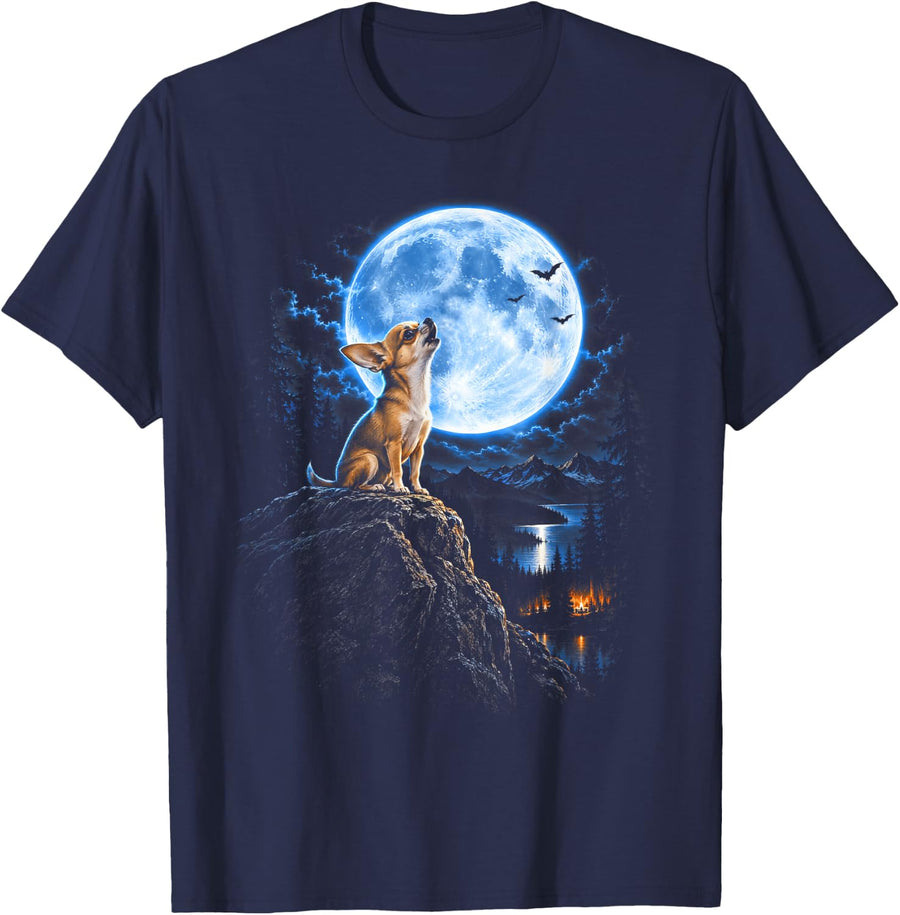 Chihuahua Howling Moon Vintage Winter Dog Lover T-Shirt - Navy Blue