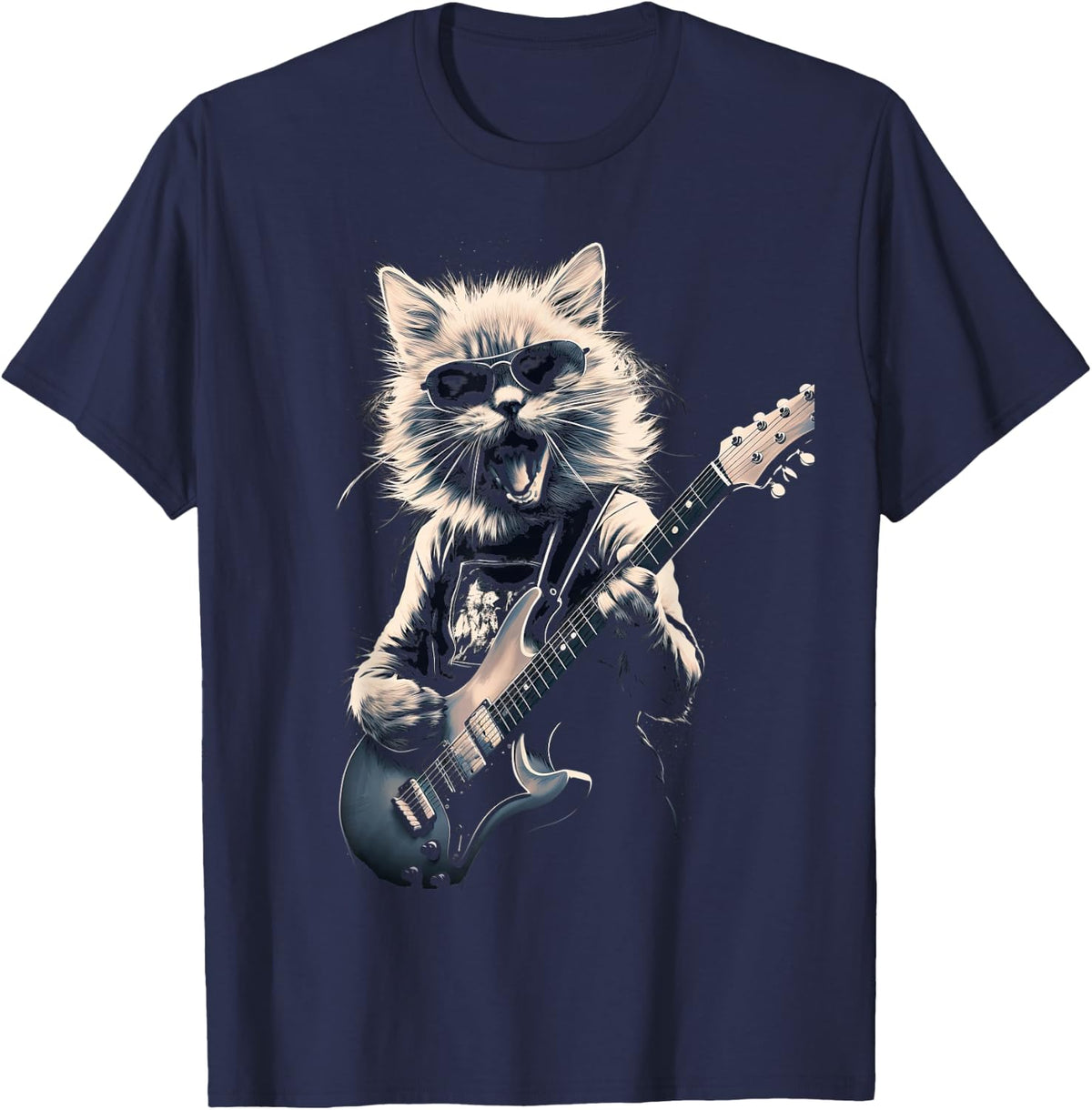 Cat Playing Bass Guitar Guitarist Rocker Cool T-Shirt - Navy Blue
