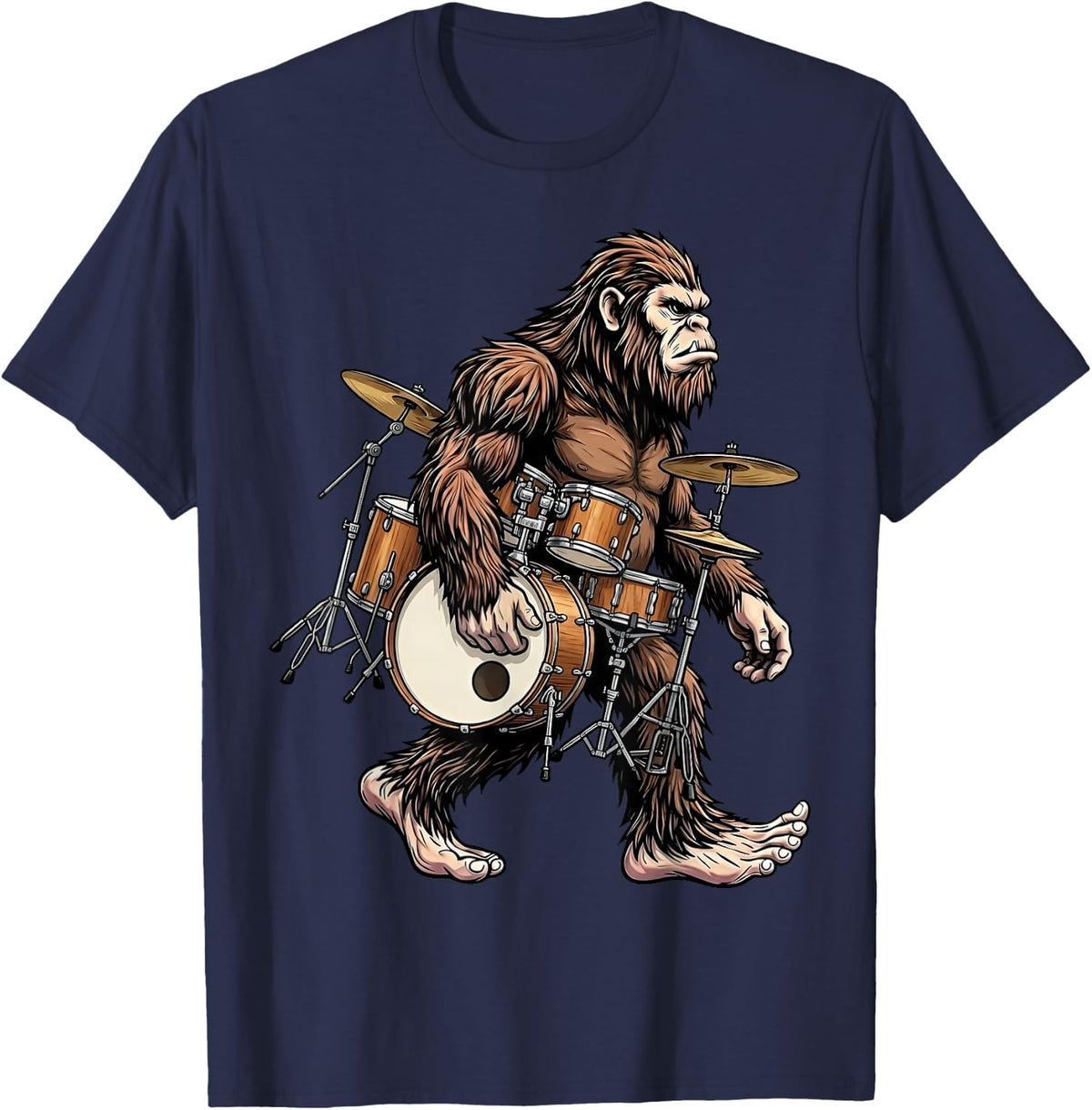 Funny Bigfoot Carrying Drum Set Sasquatch Drummer Musician T-Shirt - Navy Blue