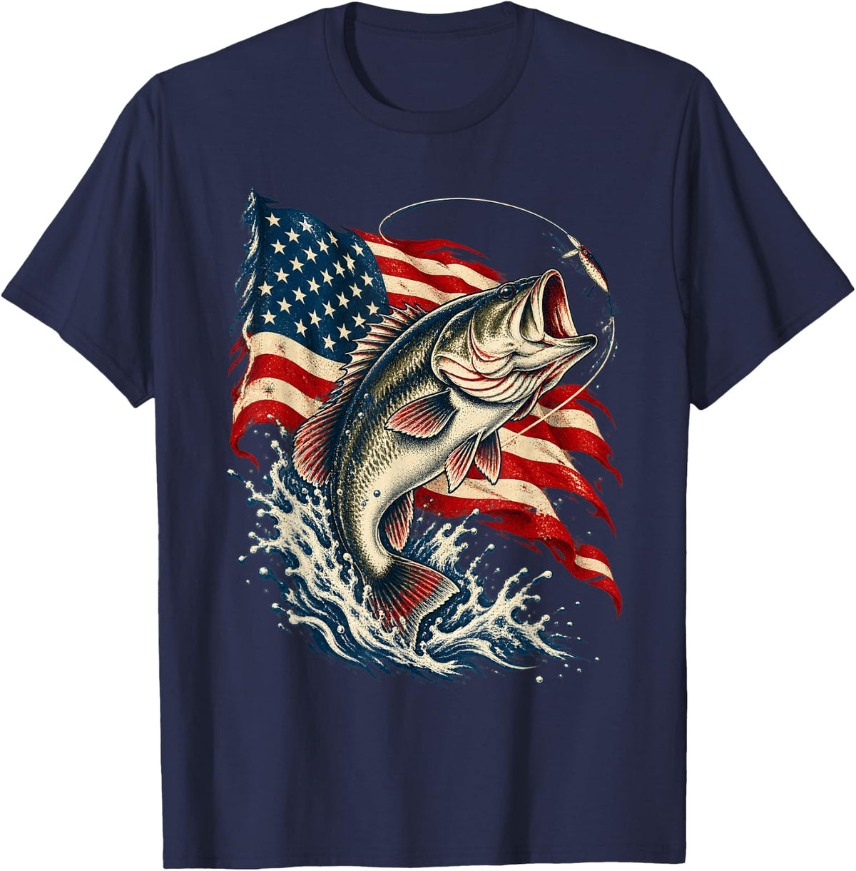 Bass Fishing American Flag Patriotic Largemouth Fisherman T-Shirt - Navy Blue