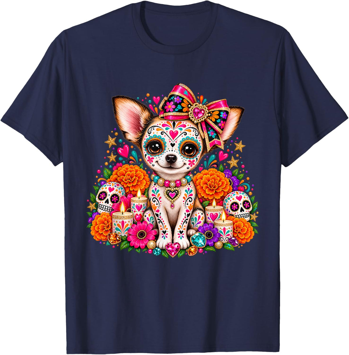 Dia de Los Muertos Chihuahua Sugar Skull Floral Pet Fiesta T-Shirt - Navy Blue