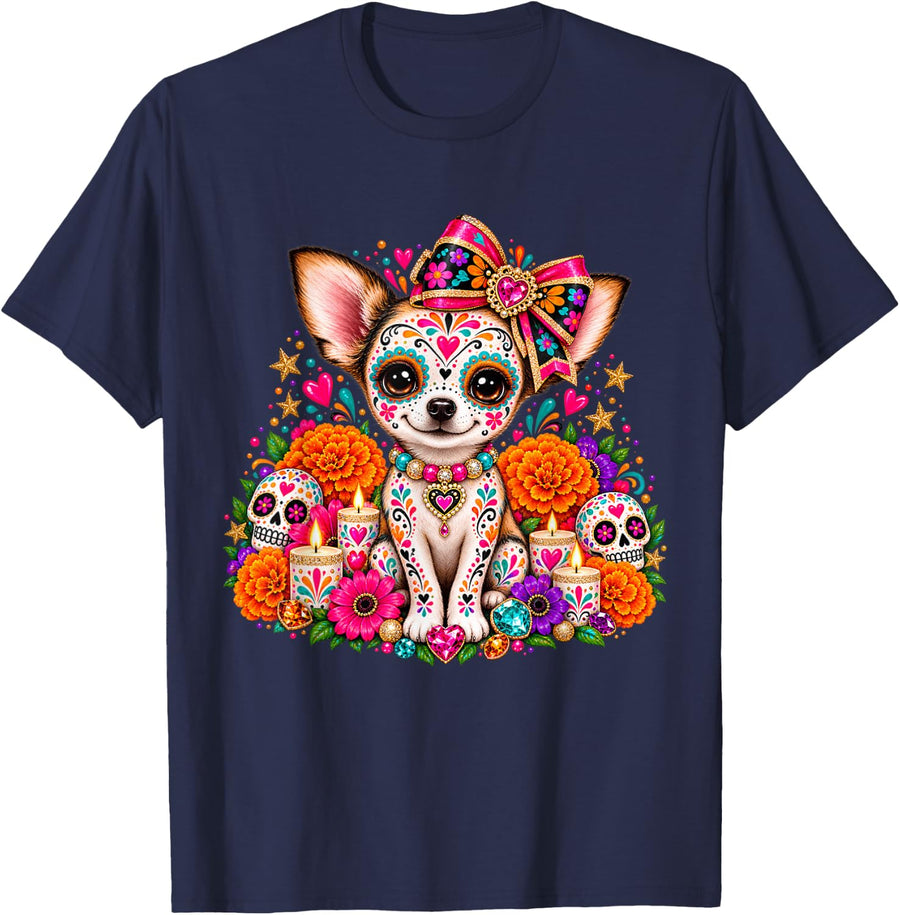 Dia de Los Muertos Chihuahua Sugar Skull Floral Pet Fiesta T-Shirt - Navy Blue