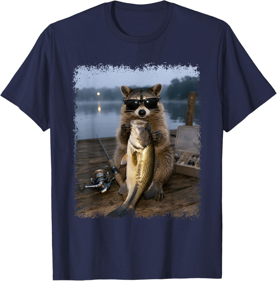 Bass Fishing Raccoon Funny Animal Meme Photo Sunglasses T-Shirt - Navy Blue