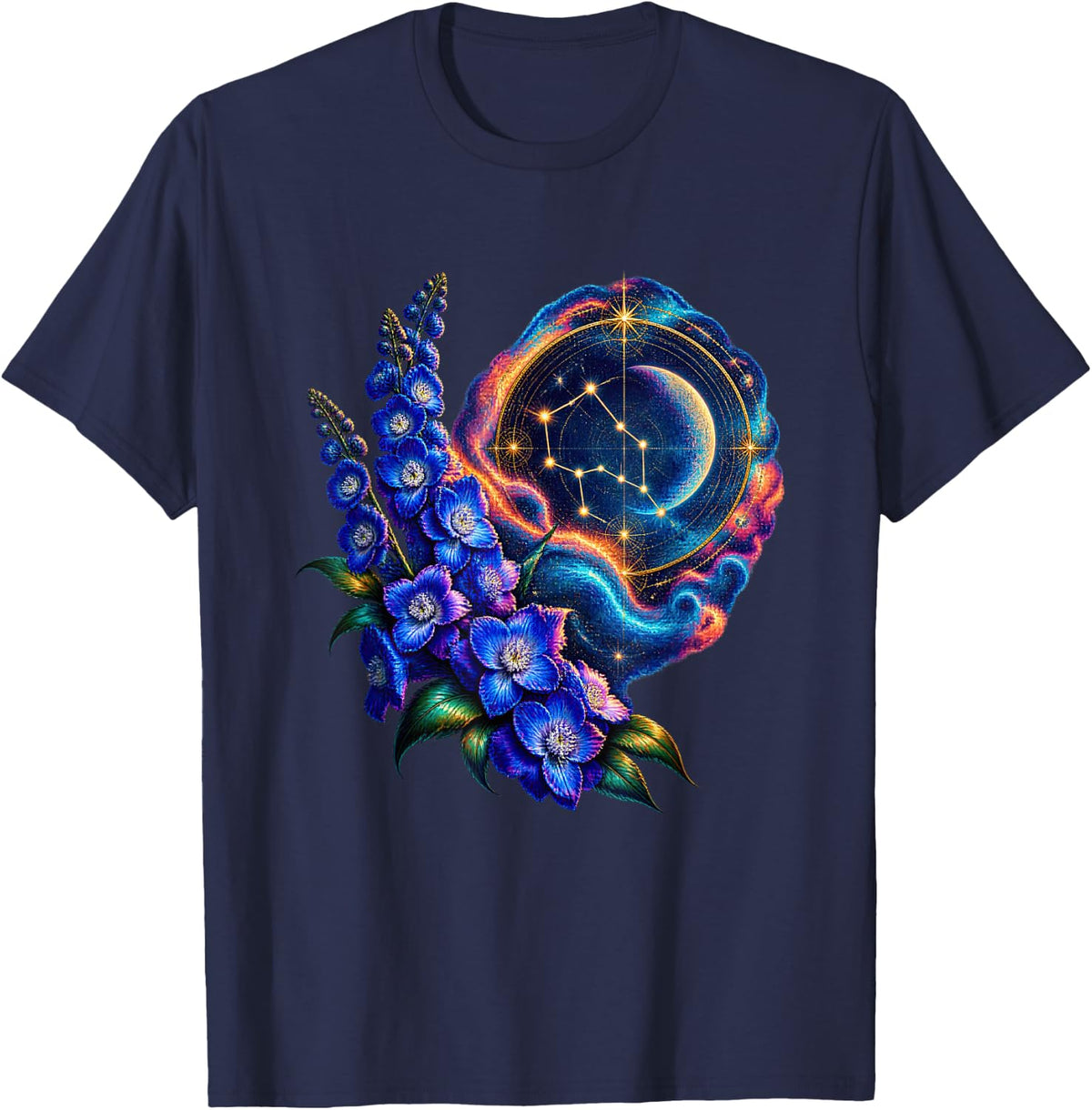 Constellation Map with Blue Delphinium Flowers T-Shirt - Navy Blue