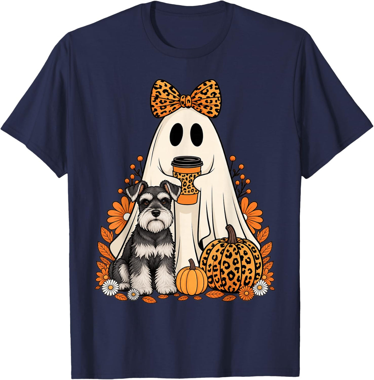 Halloween Ghost Miniature Schnauzer Coffee Pumpkin Floral T-Shirt - Navy Blue