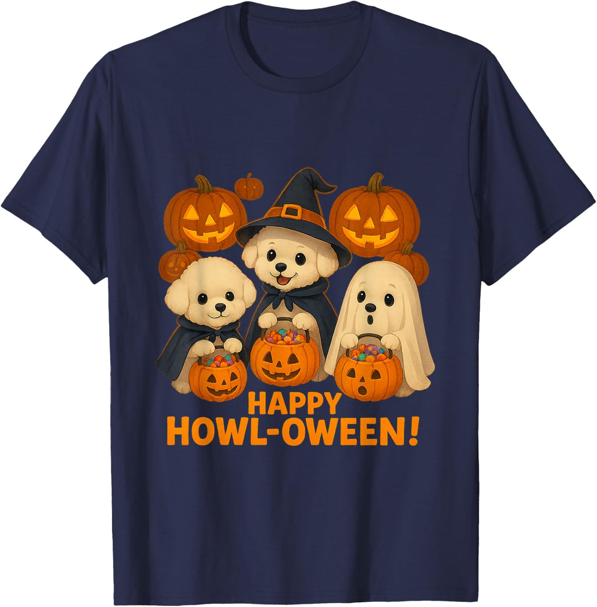 Bichon Frise Happy Howl-oween Halloween T-Shirt - Navy Blue