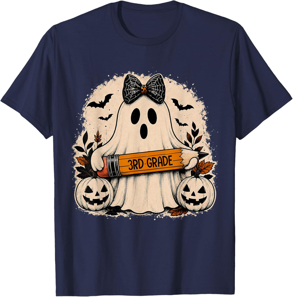 Third Grade Ghost Halloween Spooky Coquette Teacher Kids T-Shirt - Navy Blue