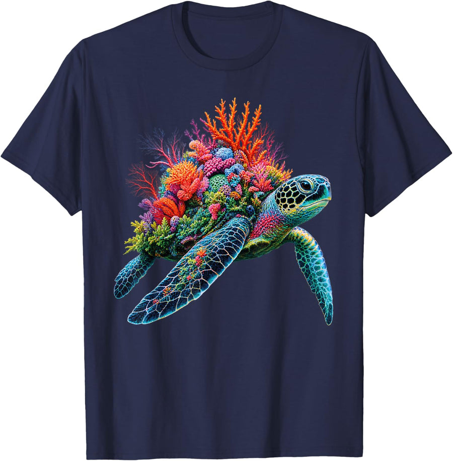 Colorful Coral Sea-Turtle Ocean Marine Life Art T-Shirt - Navy Blue