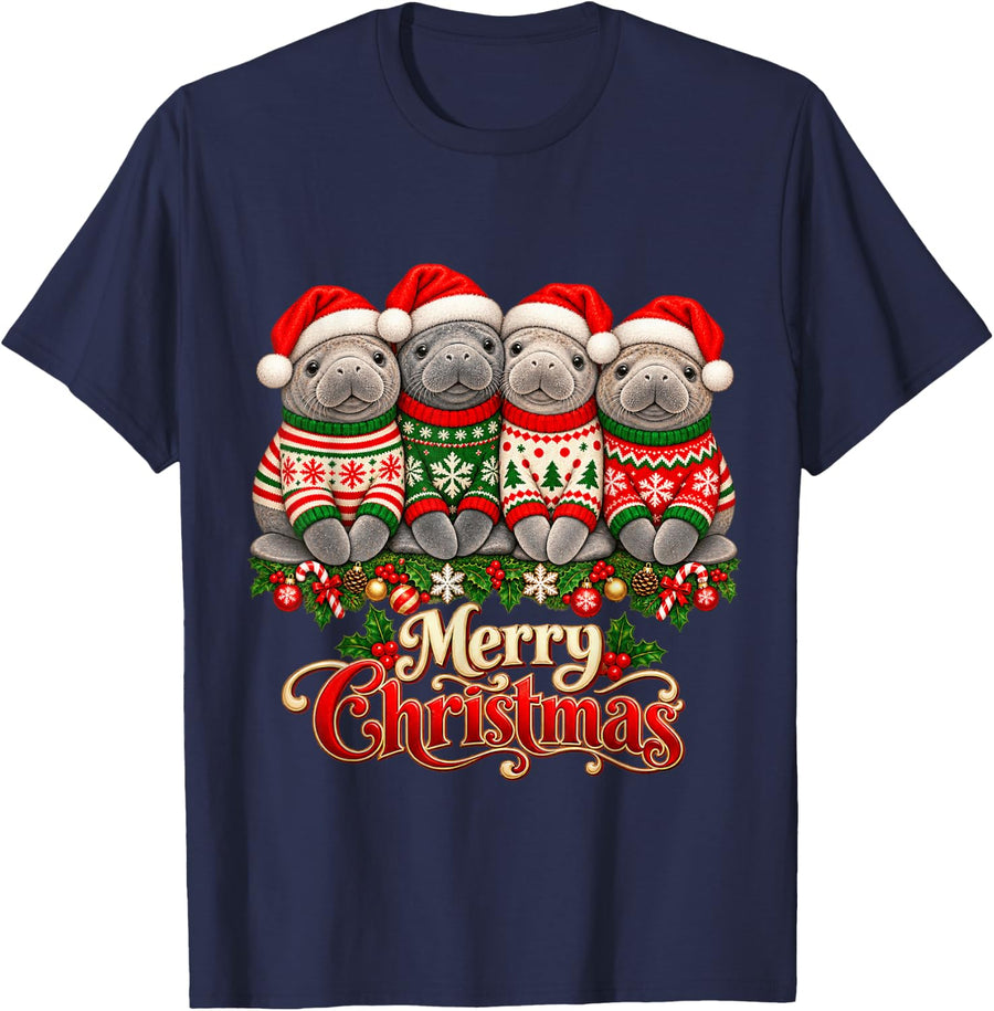 Merry Christmas Manatee Santa Hat Holiday Animal Lover T-Shirt - Navy Blue