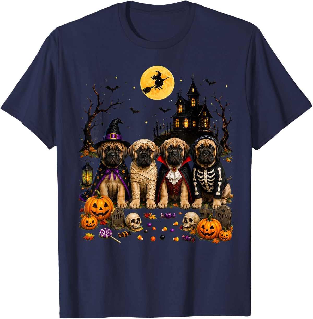Dog Ghost Cute Mastiff Dressed As Ghost Funny Halloween T-Shirt - Navy Blue