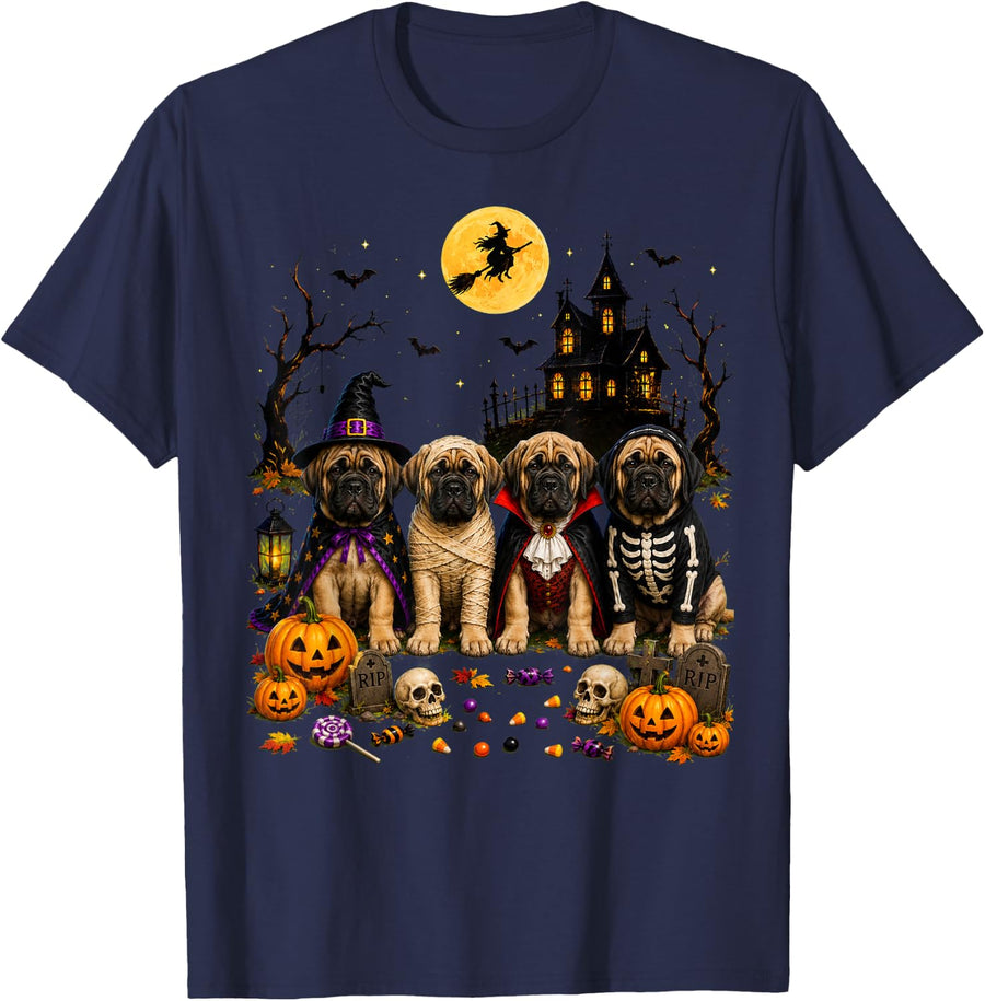 Dog Ghost Cute Mastiff Dressed As Ghost Funny Halloween T-Shirt - Navy Blue
