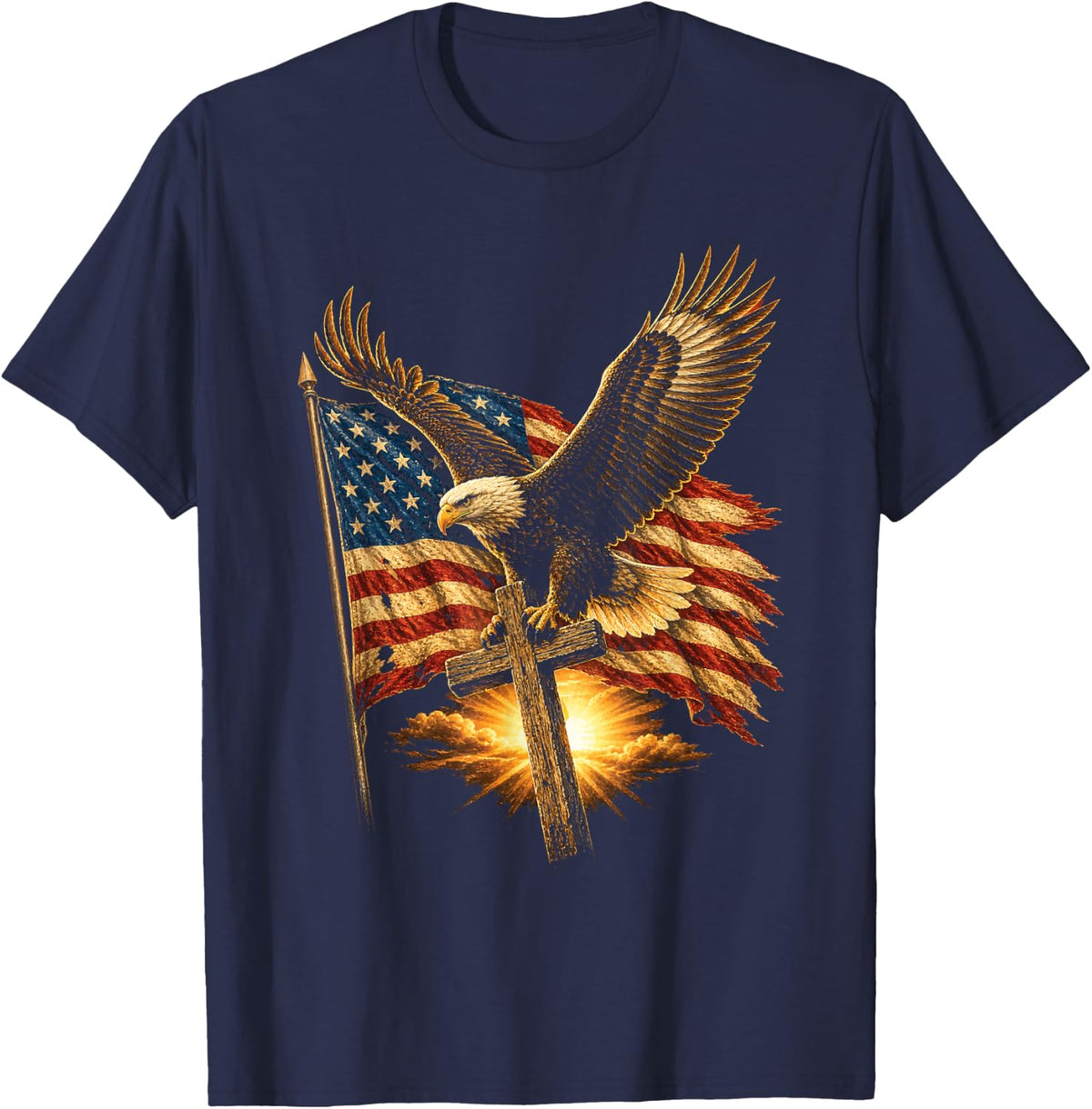 Patriotic Christian Bald Eagle American Flag Distressed T-Shirt - Navy Blue