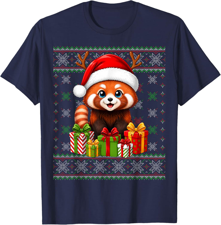 Red Panda Xmas Ugly Sweaters Santa Red Panda Christmas T-Shirt - Navy Blue