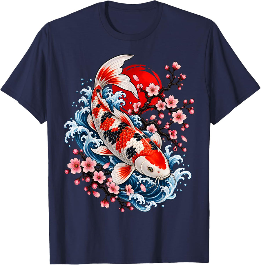 Japanese Koi Fish Cherry Blossoms Ocean Nature Art T-Shirt - Navy Blue