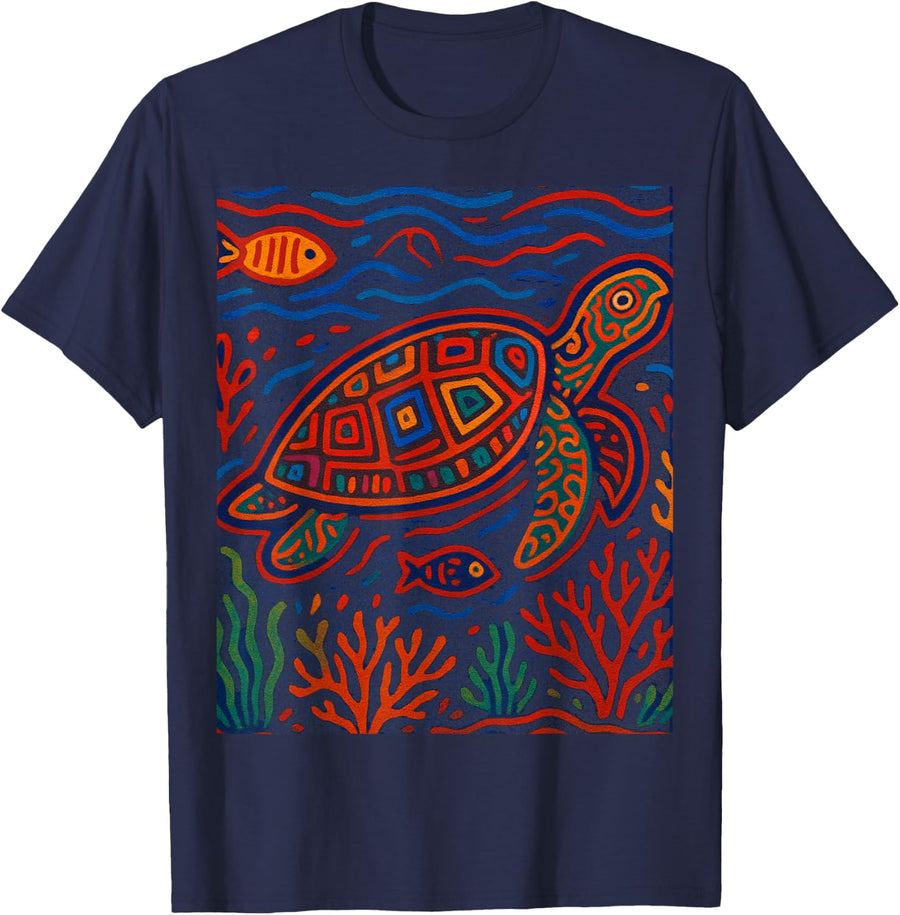 Sea Turtle Shirt Inspired by Mola Artwork of Panama Kuna Tee T-Shirt for Women Men - Navy Blue