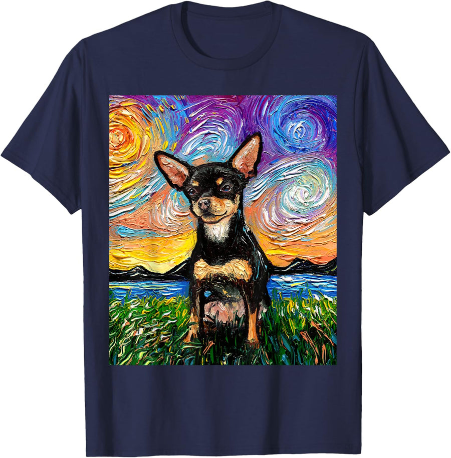 Black and Tan Smooth Chihuahua Starry Night Dog Artwork T-Shirt - Navy Blue