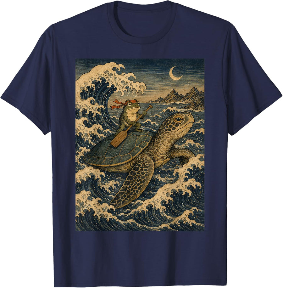 Funny Frog Riding Sea Turtle Japanese Woodblock Ocean Art T-Shirt - Navy Blue