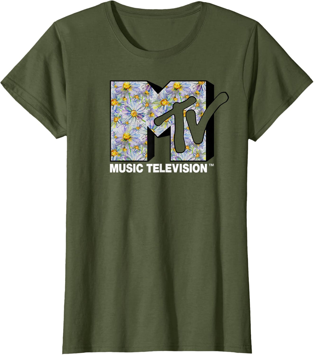MTV Logo Watercolor Flowers Graphic T-Shirt T-Shirt - Olive Green