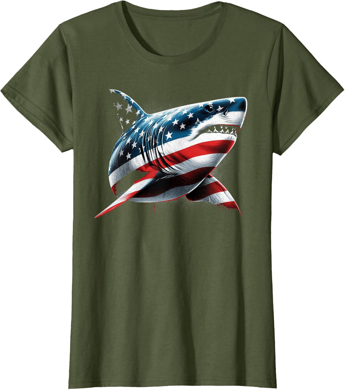 Shark USA Flag American 4th of July Patriotic Men Women T-Shirt - Olive Green