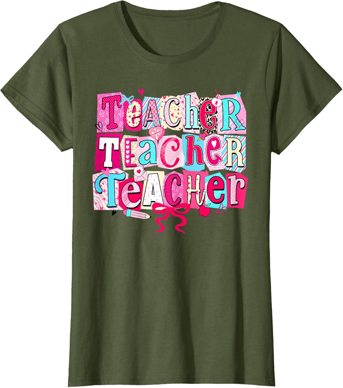 Retro Teacher Valentine Coquette Bow Teacher Valentines Day T-Shirt - Olive Green