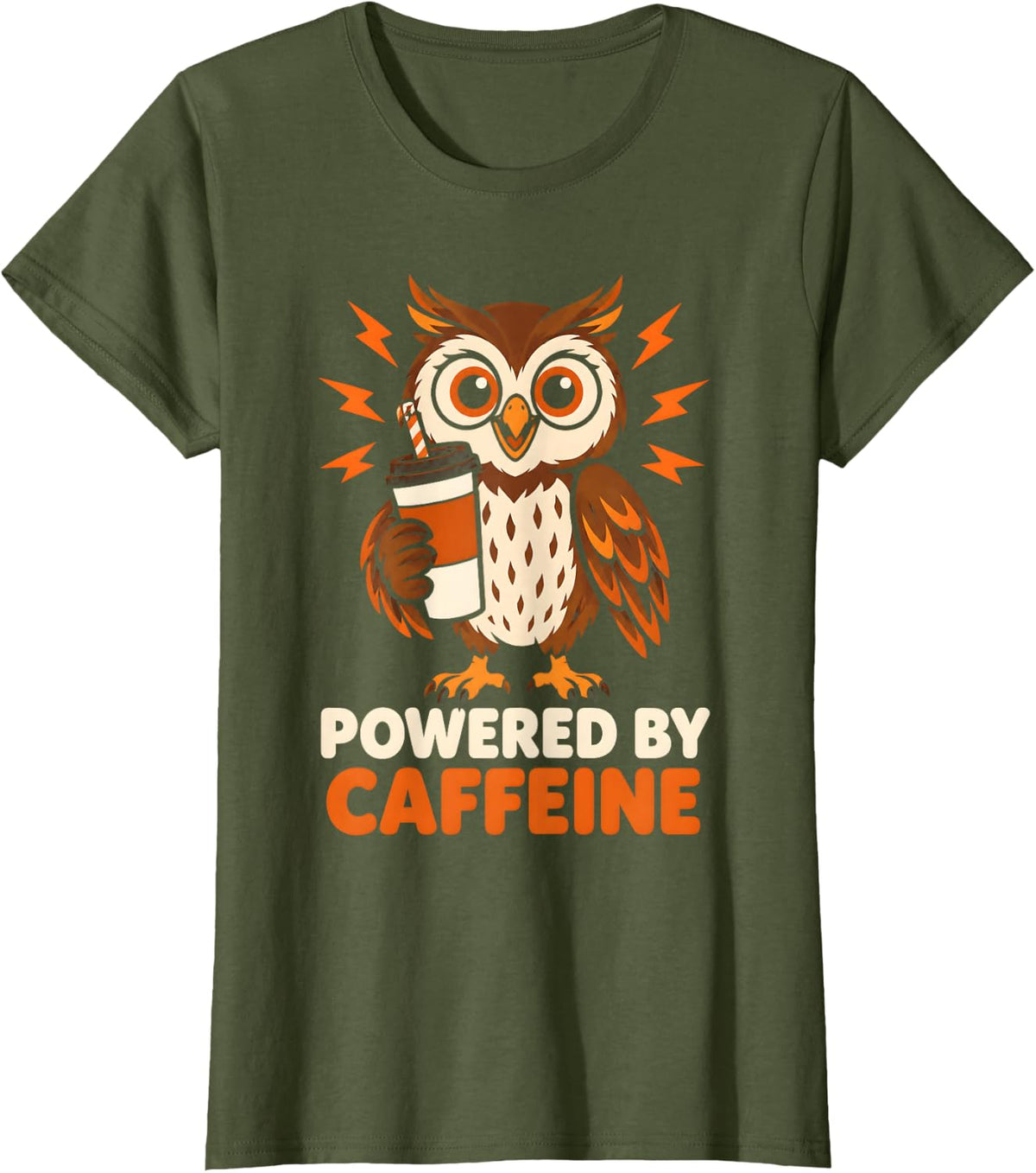 Powered By Caffeine Owl Lover T-Shirt - Olive Green