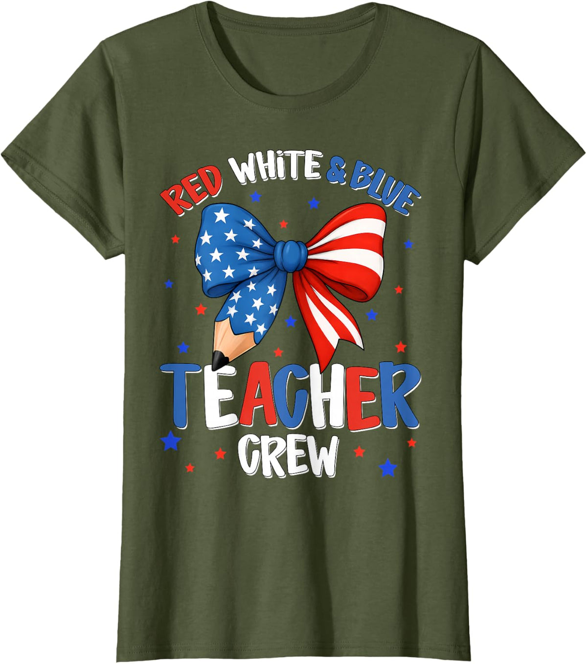 Red White & Blue Teacher Crew Funny 4th of July Patriotic T-Shirt - Olive Green