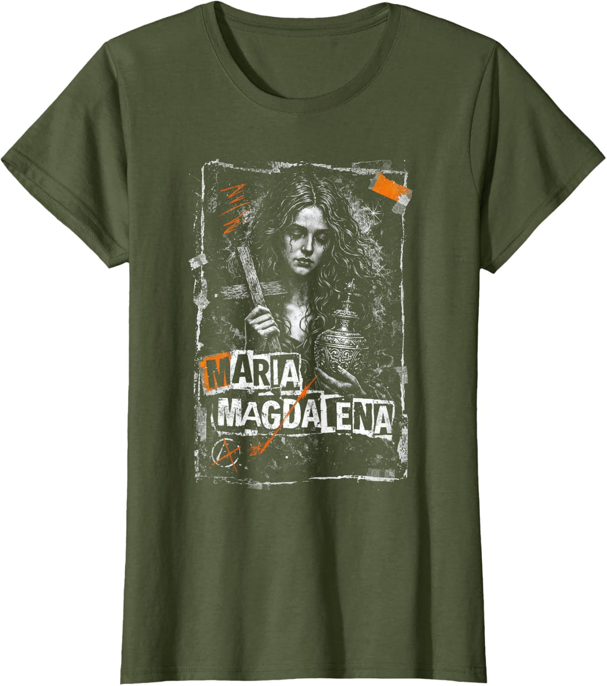 Maria Magdalena in Gothic Religious Design Art T-Shirt - Olive Green