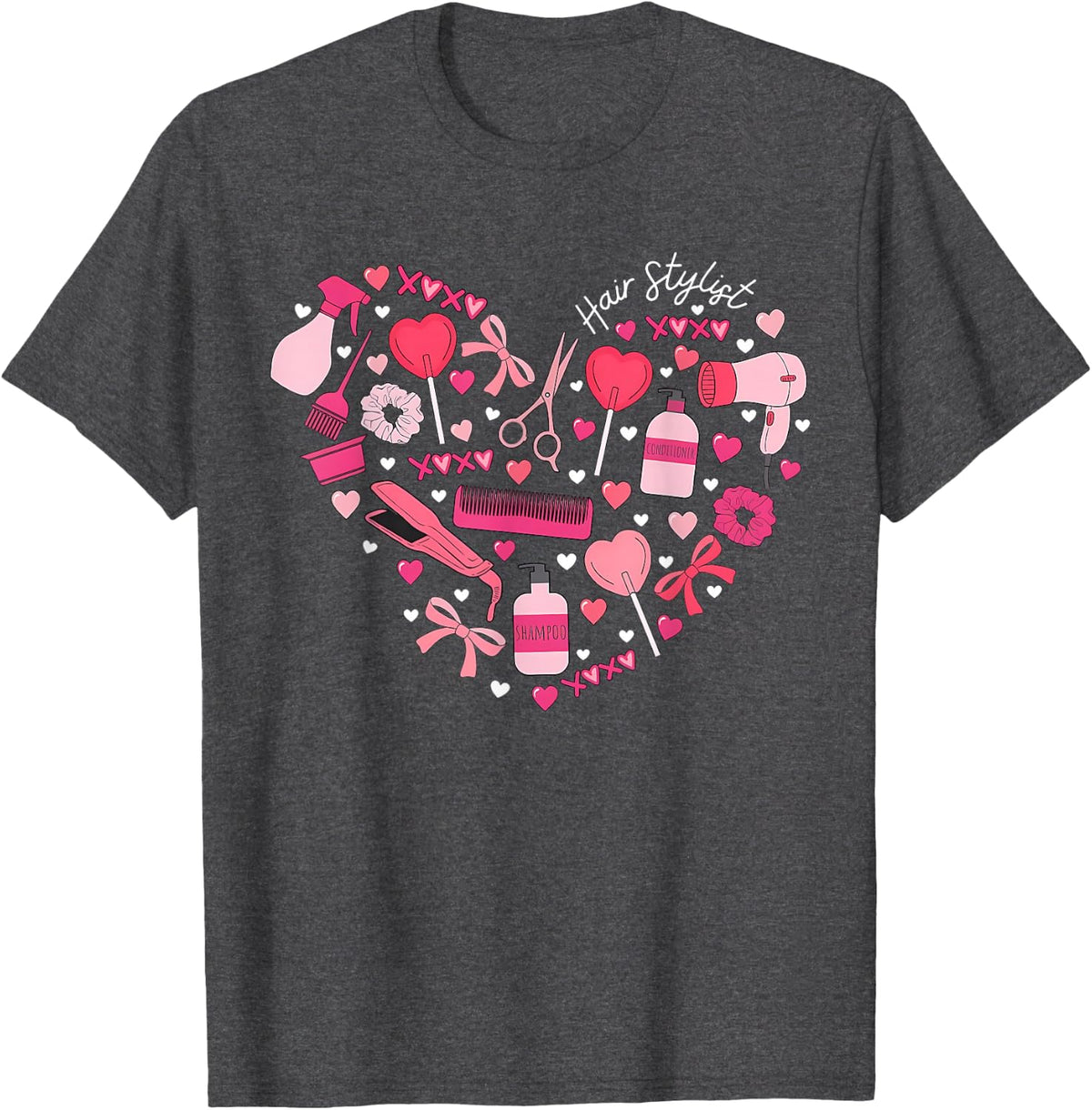 Cute Heart Hair Stylist Valentine Day Cosmetologist Barber T-Shirt - Dark Heather Grey