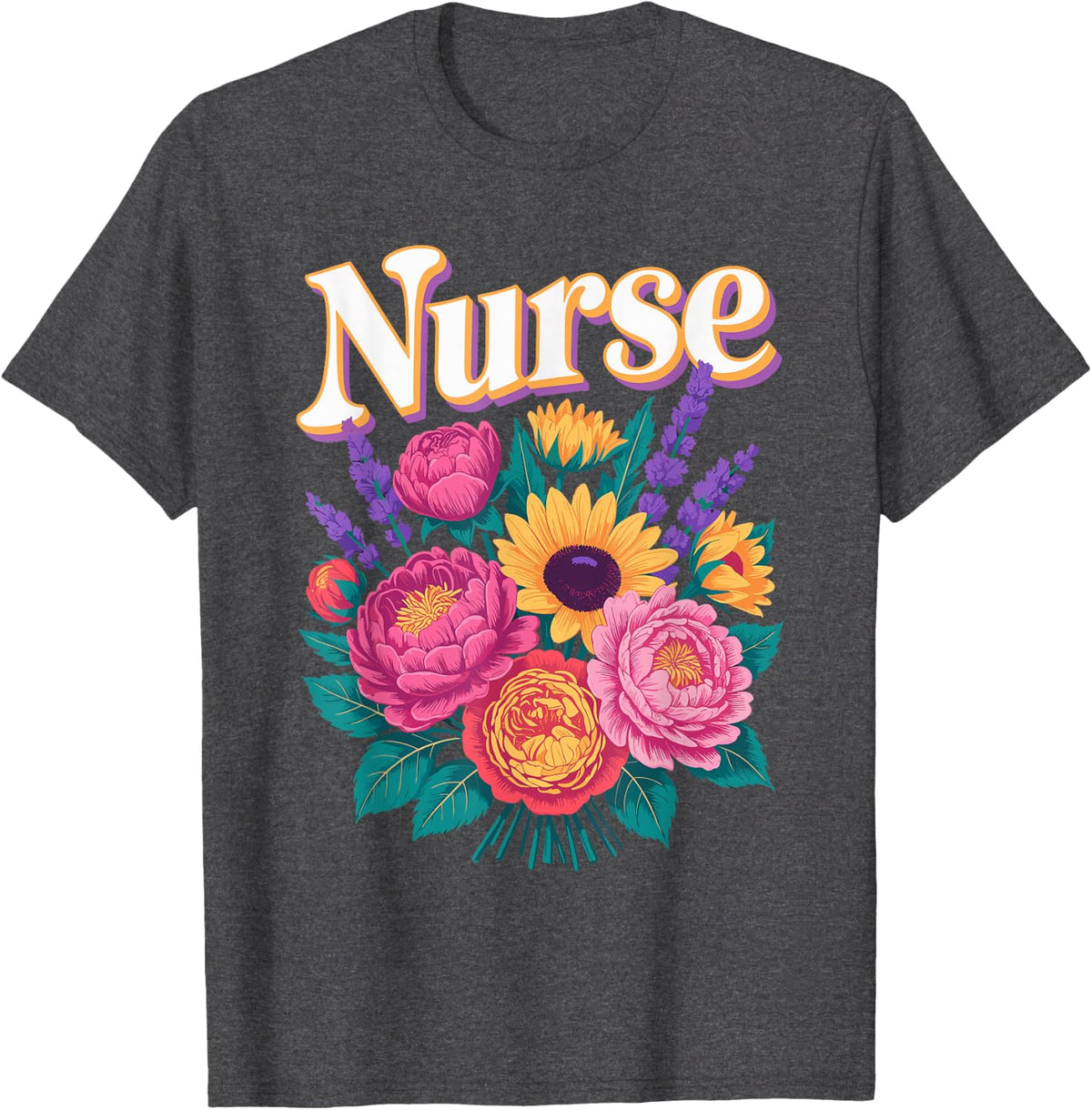 Colorful Floral Nurse Stethoscope Design T-Shirt - Dark Heather Grey