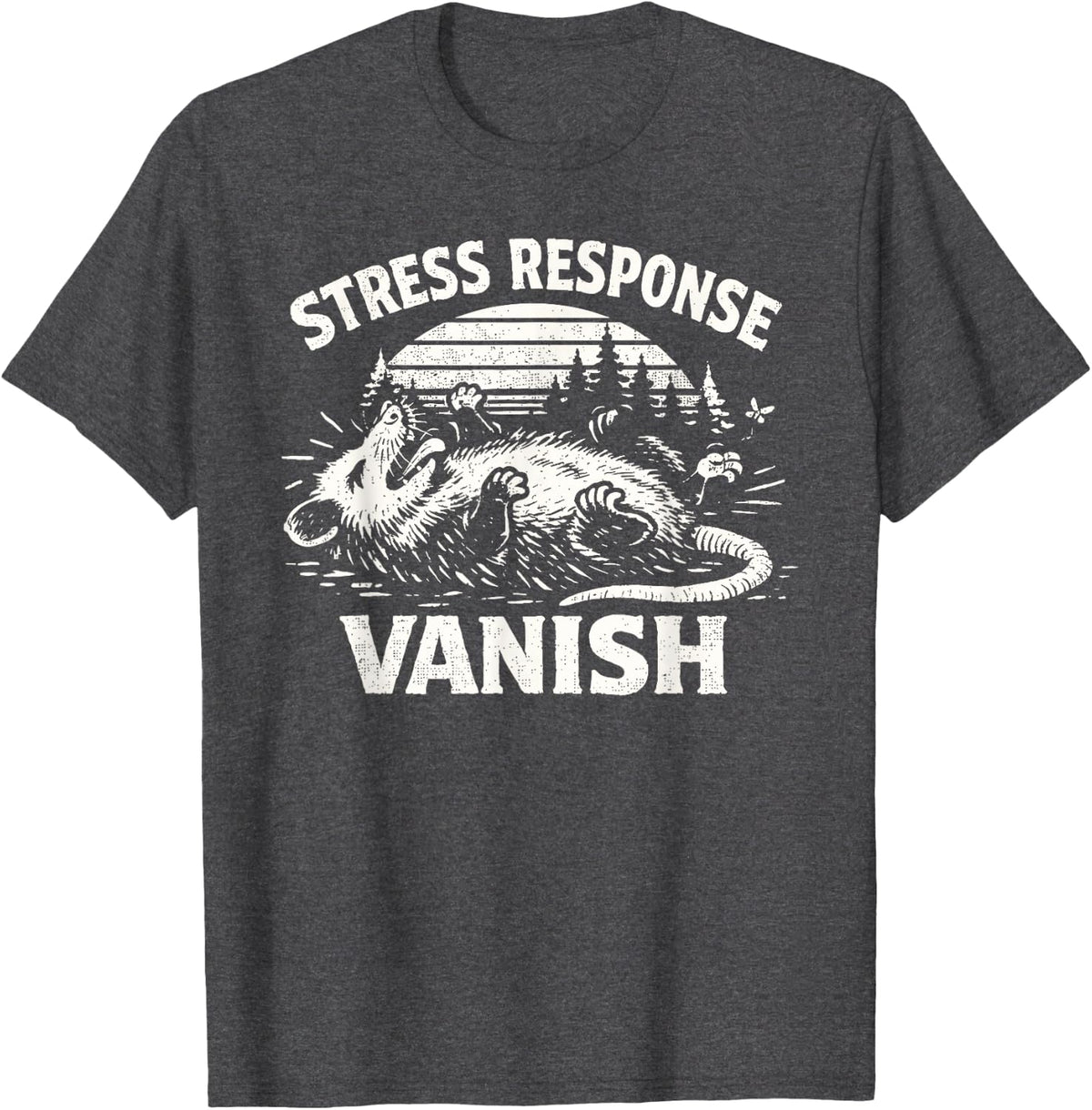 Stress Response Vanish Funny Opossum T-Shirt - Dark Heather Grey