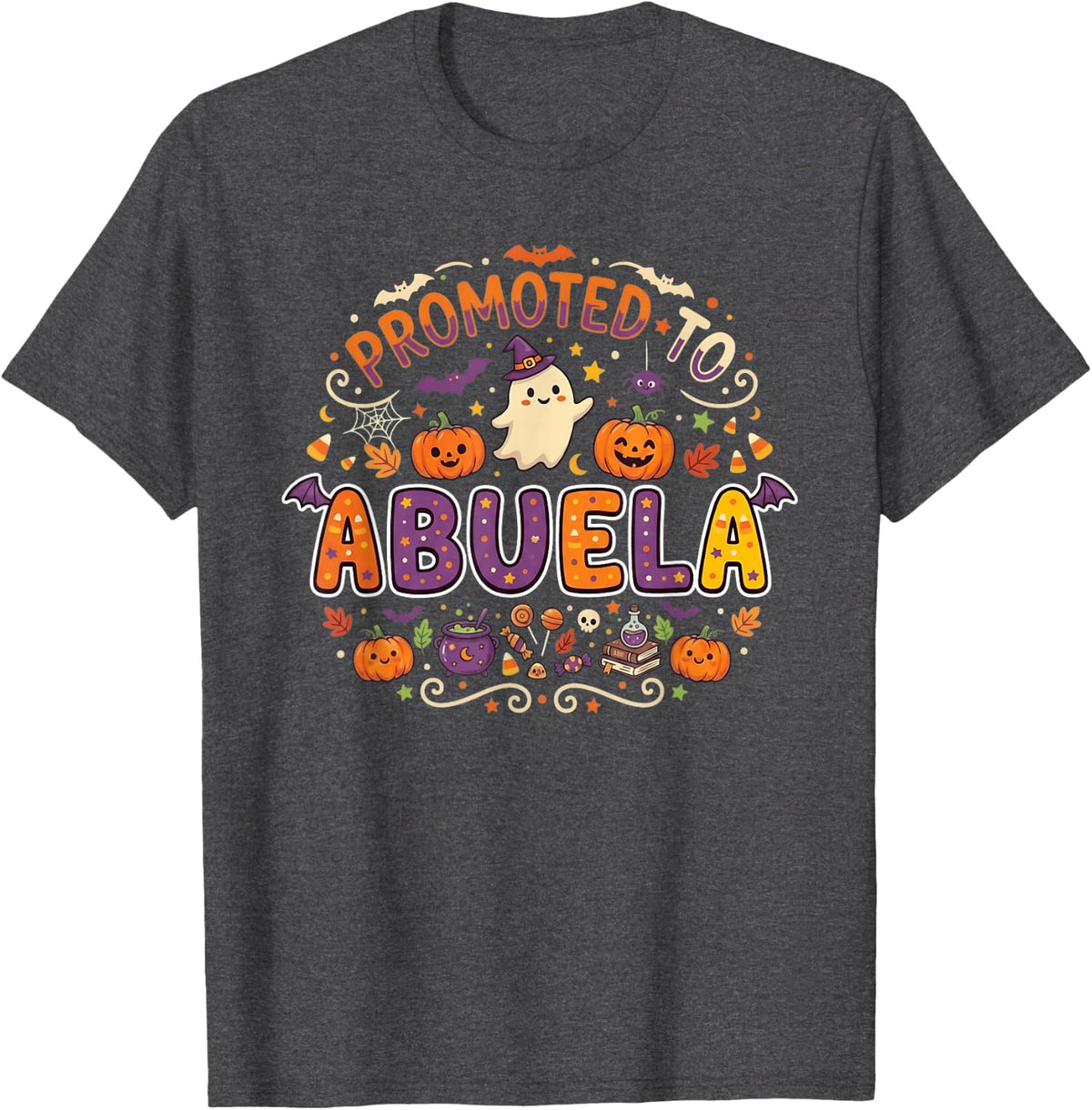 Promoted to Abuela Halloween Pregnancy Announcement T-Shirt - Dark Heather Grey
