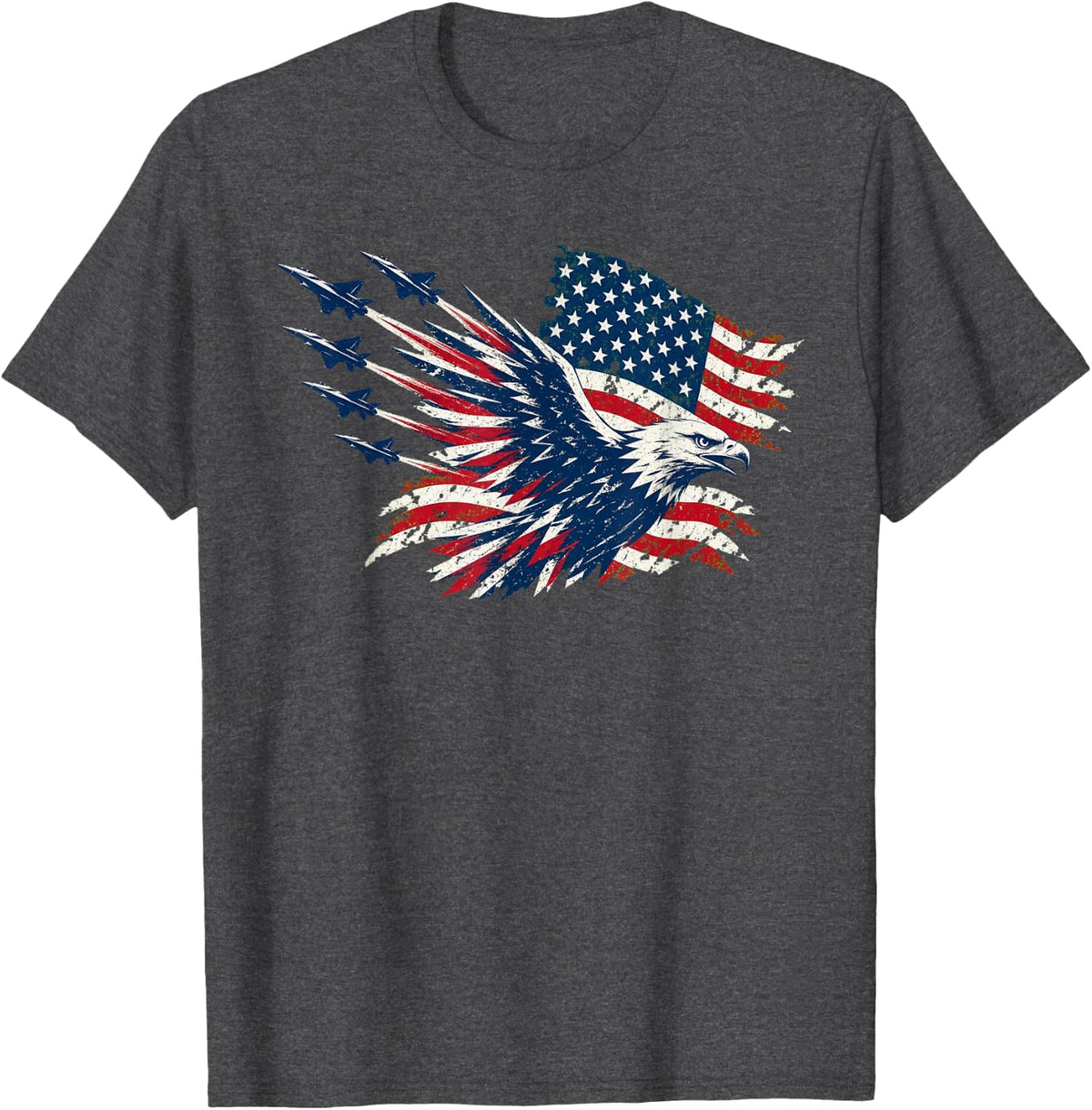 Patriotic Bald Eagle Fighter Jets Aviation USA T-Shirt - Dark Heather Grey