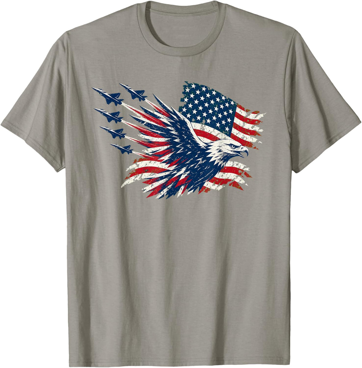 Patriotic Bald Eagle Fighter Jets Aviation USA T-Shirt - Slate Grey